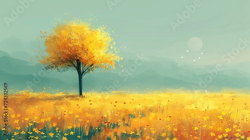 Softly Rendered Vibrant Yellow Tree Painting in a Dreamlike Landscape © Gejsi