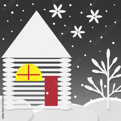 House made of ear sticks on a night snowy background. Vector graphics. Winter landscape.