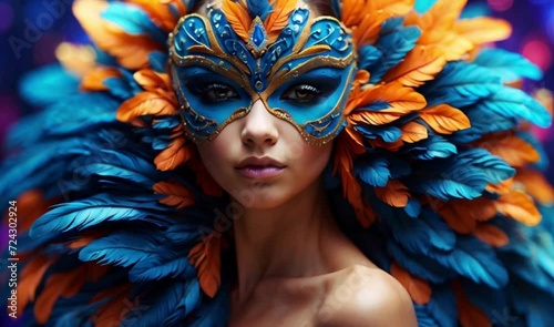 beautiful girl in a colorful sumptuous carnival feather suit and Realistic luxury carnival mask with blue feathers. Abstract blurred background, gold dust, and light effect photo