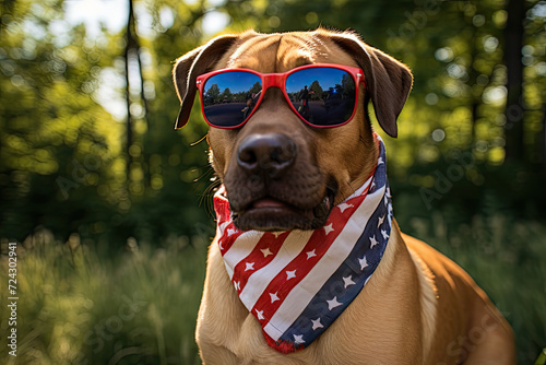 Patriotic Dog Wearing Sunglasses and American Flag Bandana