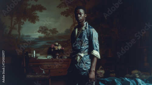 A renaissance black man in a blue outit