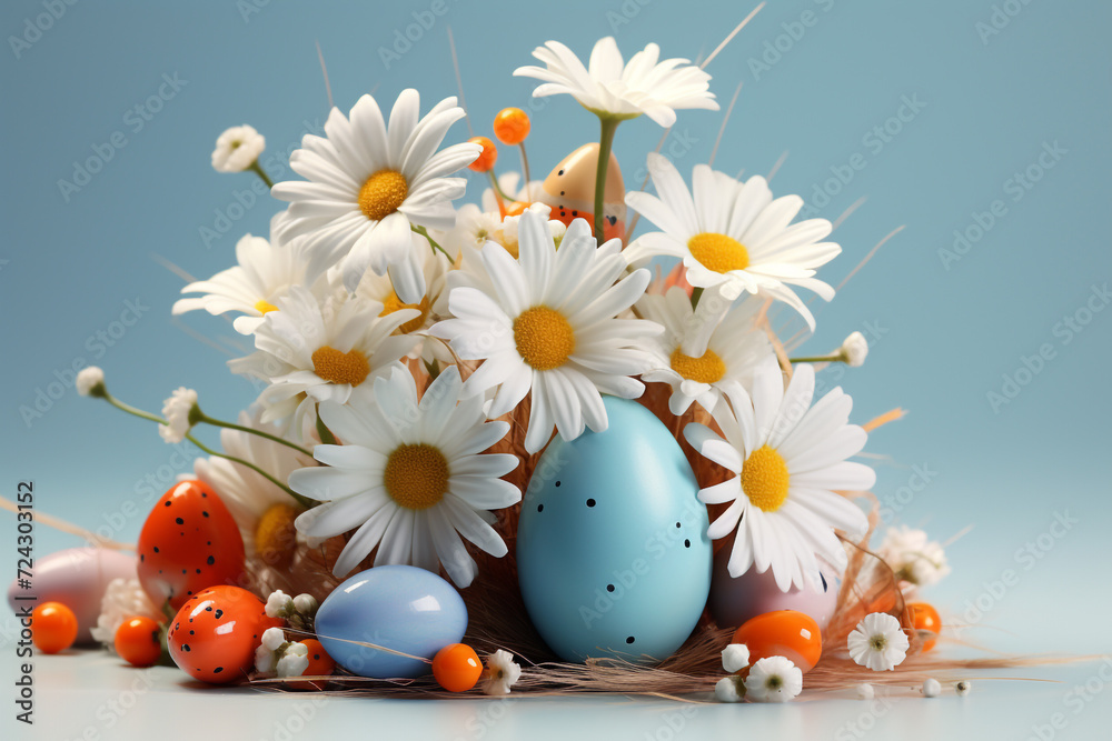 funny Easter bunny with eggs 3d art Happy Easter Day, Easter Eggs 3D Illustration, Easter Bunny Banner Easter happy background egg banner card holiday spring pattern rabbit Generative Ai