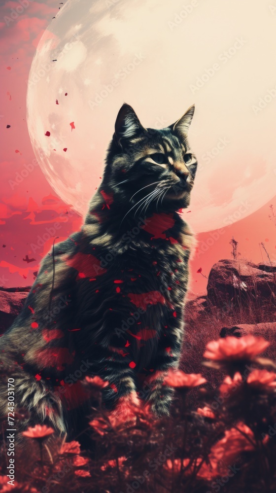 A whimsical tabby cat against a vibrant red and pink fantasy landscape with a large moon.