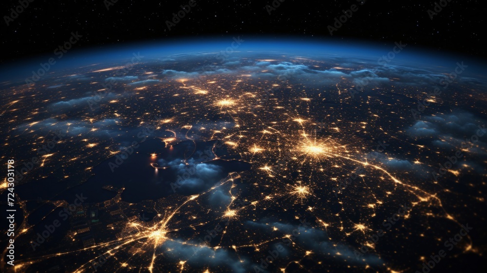 Spectacular view of illuminated city lights from space showing Earth's civilization at night.