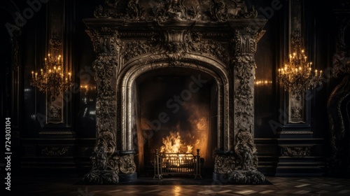 Elegant and classic style fireplace with a roaring fire, giving a cozy and warm atmosphere. © red_orange_stock