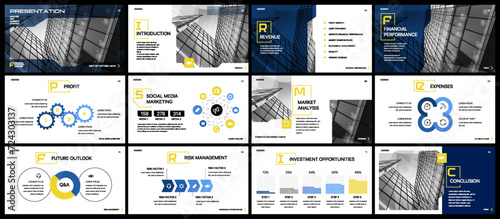 Business presentation template, Pitch deck layout. Infographic template with statistics finance charts. Infographics dashboard design.