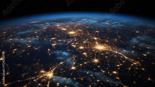 Fototapeta Naklejka Na Ścianę i Meble -  Spectacular view of illuminated city lights from space showing Earth's civilization at night.