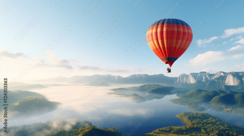 Obraz premium A serene hot air balloon flight above a mist-covered mountainous landscape during the early morning hours.