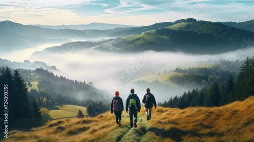 Three hikers standing at the edge of a mountain, looking over a valley covered in morning mist. © red_orange_stock