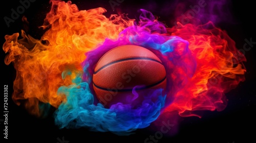 A dynamic and powerful image of a basketball engulfed in flames and icy blue smoke. © red_orange_stock
