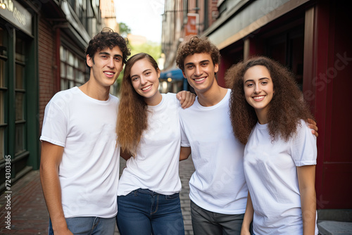 Group of Happy Young Friends in White T-Shirts Enjoying City Walk