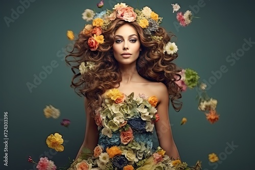Enchanting Woman Adorned with Floral Dress and Hair Blooms