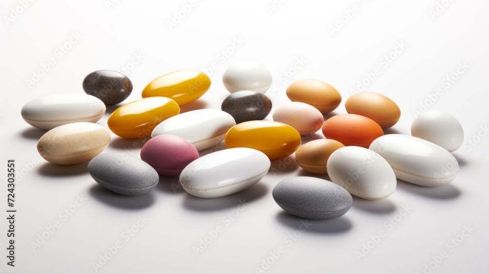 Various colorful pills and tablets scattered on a white surface, representing medication diversity. Various colorful pills and tablets scattered on a white surface, representing medication diversity.