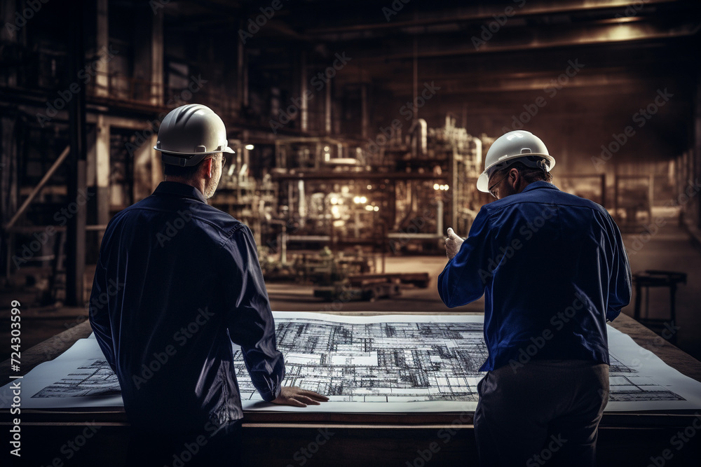 Engineers Discussing Blueprint in Industrial Setting Engineers Discussing Blueprint in Industrial Setting