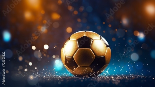 A luxurious golden soccer ball with sparkling effects on a dark, moody background with light bokeh.