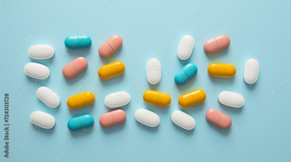 Various colorful pills and capsules neatly arranged on a soft blue background, symbolizing healthcare and medicine. Various colorful pills and capsules neatly arranged on a soft blue background, symbolizing healthcare and medicine.