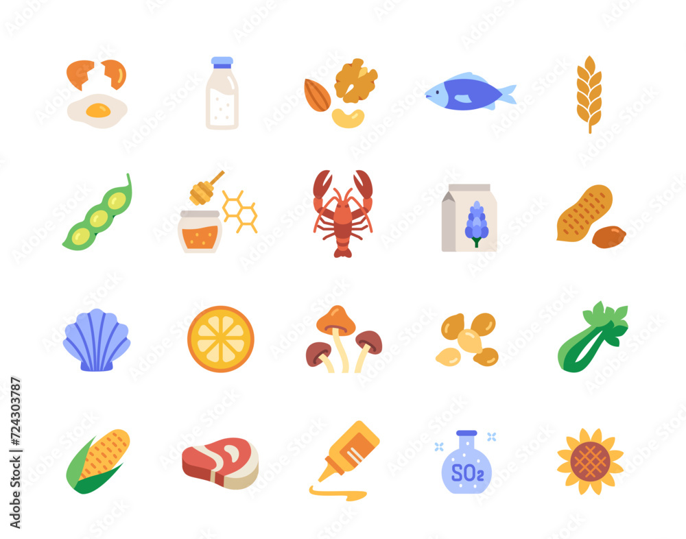 Set of colorful allergens icons. Bright signs with seafood, dairy products, honey, nuts, citrus fruits and eggs. Healthy diet and medicine. Cartoon flat vector collection isolated on white background Set of colorful allergens icons. Bright signs with seafood, dairy products, honey, nuts, citrus fruits and eggs. Healthy diet and medicine. Cartoon flat vector collection isolated on white background