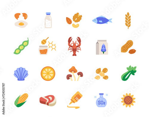 Set of colorful allergens icons. Bright signs with seafood, dairy products, honey, nuts, citrus fruits and eggs. Healthy diet and medicine. Cartoon flat vector collection isolated on white background