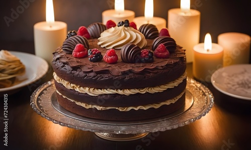 Luxurious and Indulgent Chocolate Cake Exquisitely Adorned, Expertly Captured in Food Photography Studio photo