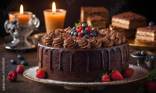 Luxurious and Indulgent Chocolate Cake Exquisitely Adorned, Expertly Captured in Food Photography Studio photo