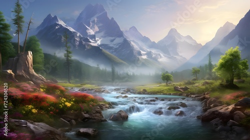 Beautiful panoramic view of the mountain river in the morning