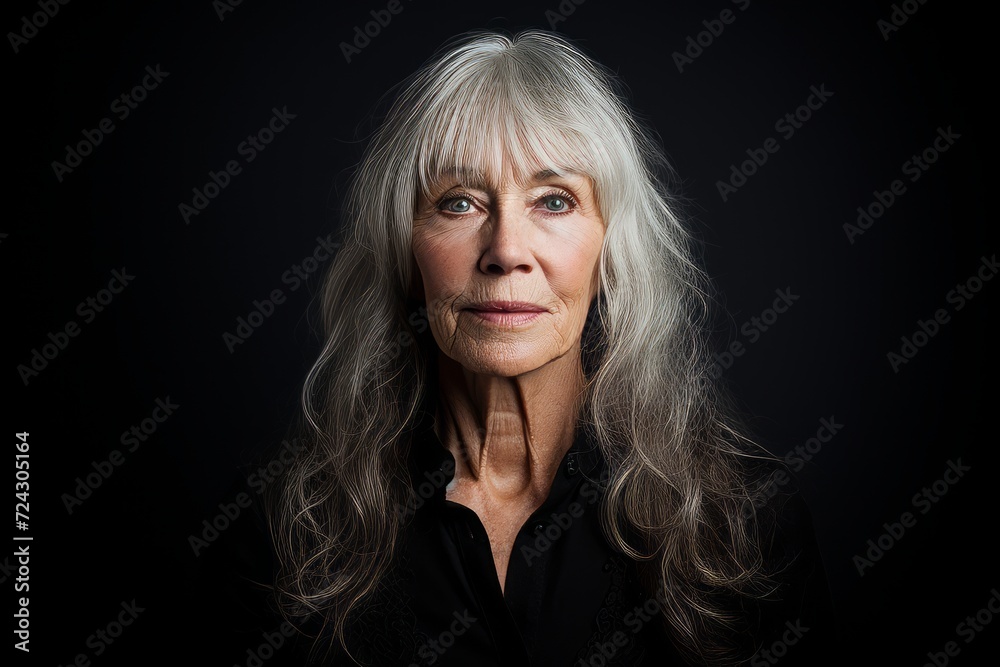 Portrait of a beautiful senior woman with grey hair on black background - obrazy, fototapety, plakaty 