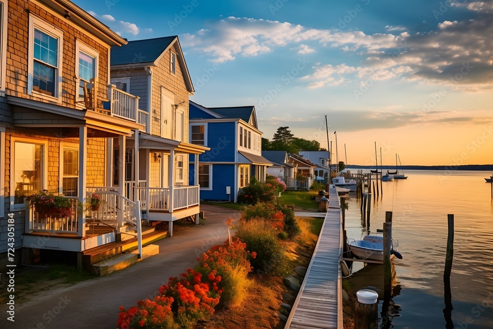 Panoramic view of waterfront homes on a lake at sunset.