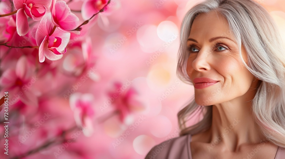 Graceful Beauty: Mature Woman with Orchids. Generative ai Graceful Beauty: Mature Woman with Orchids. Generative ai