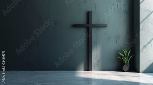 Elegance with a minimalistic setting, featuring a black wooden cross leaning against a wall