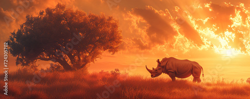 Silhouette of large acacia tree in the savanna plains with rhino (White Rhinoceros). African sunset. Wild nature, Kenya panoramic view. Black history month concept. World rhino day. Animal protection photo