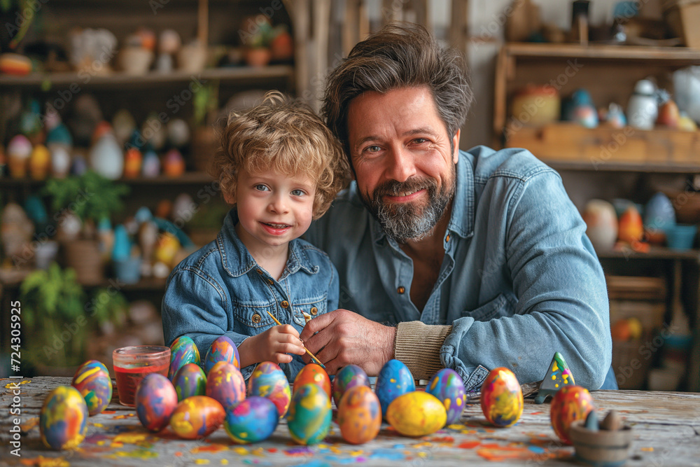 Fototapeta premium Painting Easter Eggs with Dad, son and father engage in creative crafts with colorful paints for Holy Week with joy and love