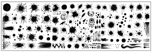 A collection of spots and stains. Black ink stains and dirt spots scattered with isolated drops and spots. Urban street style ink blots, dots or lines. Isolated vector illustration	