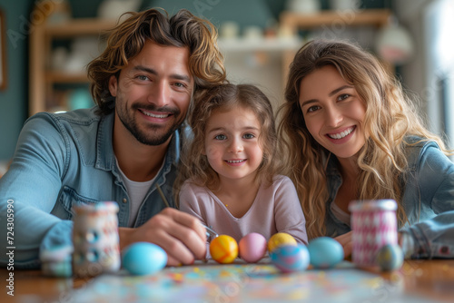 Painting Easter Eggs as a Family, father and mother smile with their daughter while creating creative and colorful crafts for Holy Week