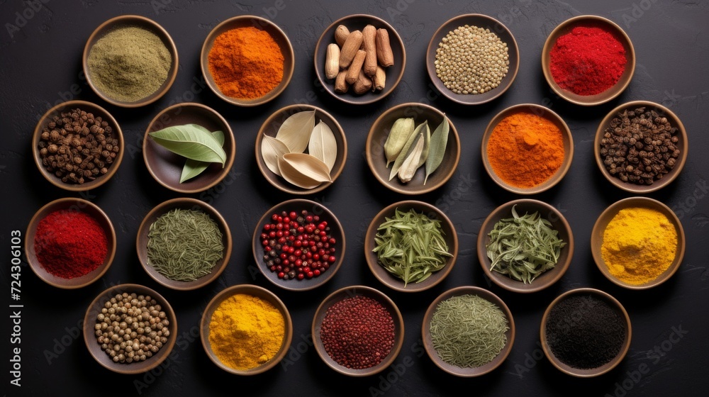Top view of various colorful spices and herbs in small ceramic bowls on a dark background. Top view of various colorful spices and herbs in small ceramic bowls on a dark background.