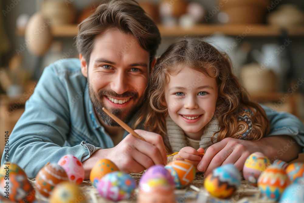 Painting Easter Eggs with Dad, a girl, and father smiling while creating colorful crafts for Holy Week with joy and love Painting Easter Eggs with Dad, a girl, and father smiling while creating colorful crafts for Holy Week with joy and love