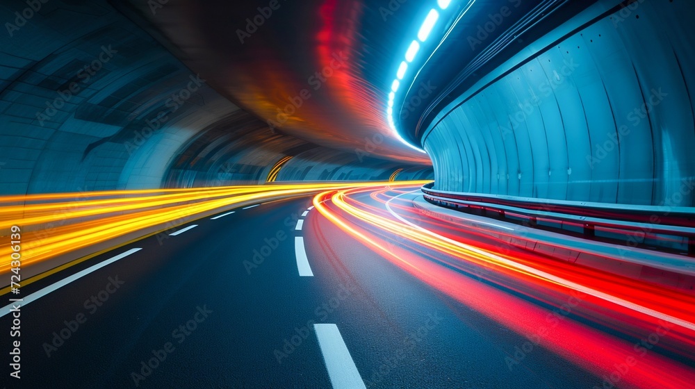 Light Trails in Urban Tunnel at Night. Generative ai