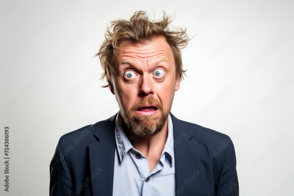 Frustrated man with long hair and glasses making crazy face on grey background Frustrated man with long hair and glasses making crazy face on grey background