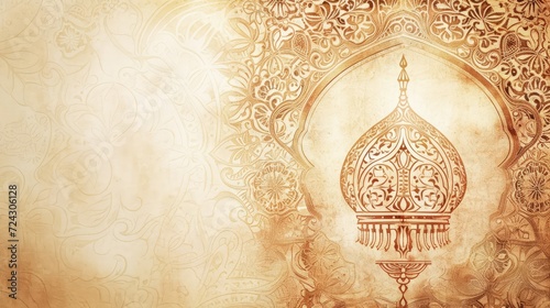 Vintage Ramadan Greetings Card with Ornate Arabesque Patterns and Warm Sepia Tones