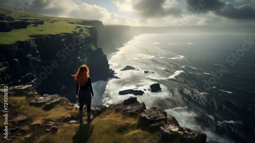 A solitary woman with red hair stands on the edge of majestic cliffs overlooking the turbulent ocean.