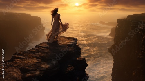 Elegant woman in flowing dress stands on a cliff edge, watching a dramatic ocean sunset.