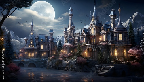 Fairy tale castle in the forest at night. Panorama.