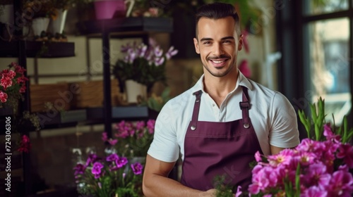 A confident male florist with a welcoming smile in a stylish urban flower shop full of various plants.