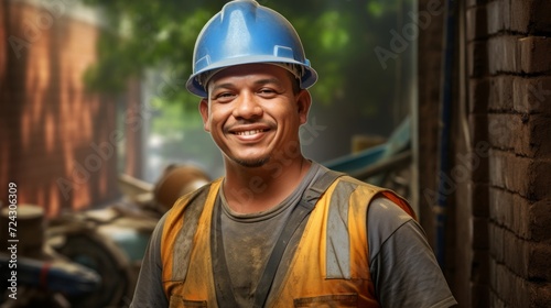 A content construction worker in safety gear and hard hat smiling at a construction site.