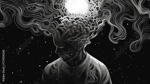 Tech depression and anxiety, an abstract image of a person feeling stressed and depressed, drowning deep in his thoughts, on or with a black background photo