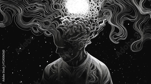 Tech depression and anxiety, an abstract image of a person feeling stressed and depressed, drowning deep in his thoughts, on or with a black background