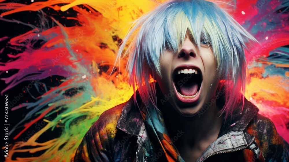 A vibrant young person with multicolored hair screaming against a backdrop of explosive paint colors.