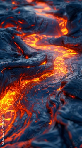 Molten Lava Flowing Through Volcanic Terrain. Generative ai