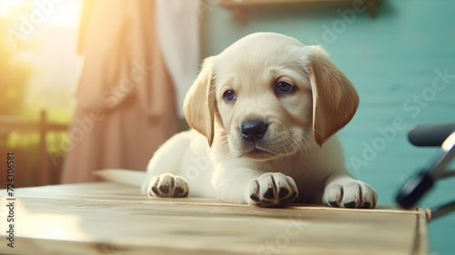 Adorable Labrador puppy peeking curiously over a wooden table's edge with a soft gaze. © red_orange_stock