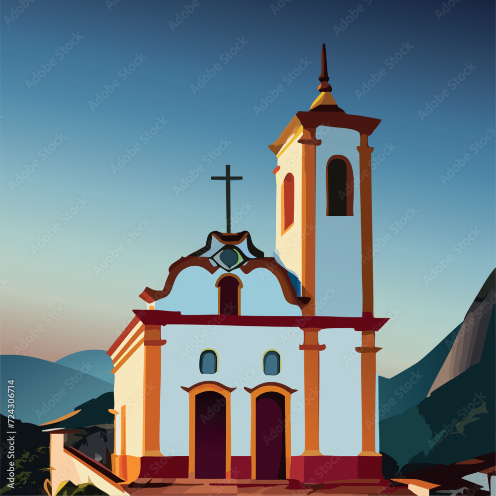 Igreja antiga com torre em estilo barroco colonial em cidade histórica do Brasil.
