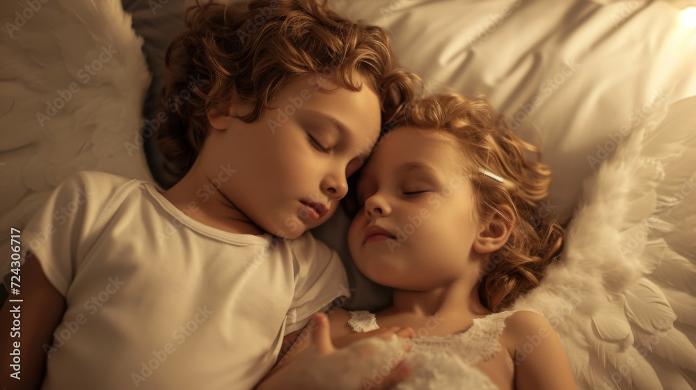 A guardian angel watches over a sleeping child shielding them from nightmares and ensuring their safety throughout the night. A guardian angel watches over a sleeping child shielding them from nightmares and ensuring their safety throughout the night.